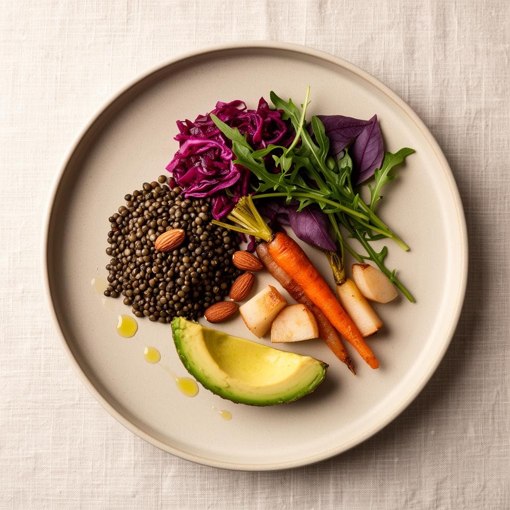 Overhead view of a balanced plant-based plate with sprouted lentils, fermented red cabbage, roasted carrots, arugula, almonds and avocado on ceramic dish