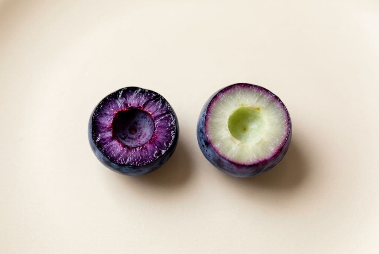 Wild and cultivated blueberry cut in half showing interior color difference