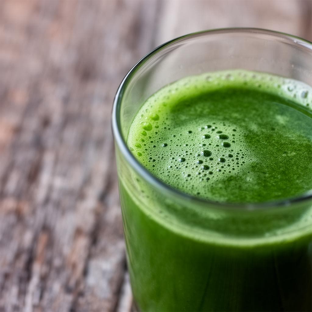 A glass of vibrant green celery juice with fresh celery stalks and sea salt on a weathered wooden table