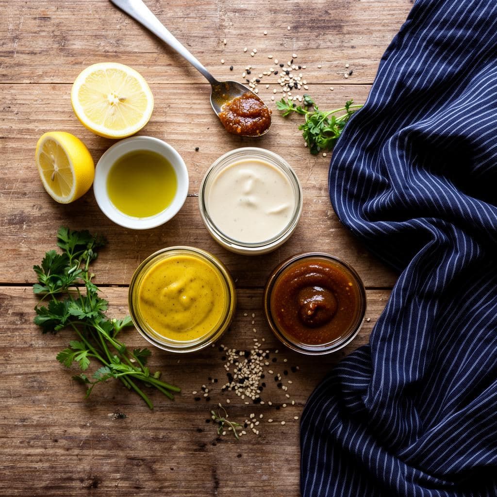 Three glass jars of homemade dressings on a wooden table with lemon, herbs, and a navy striped cloth