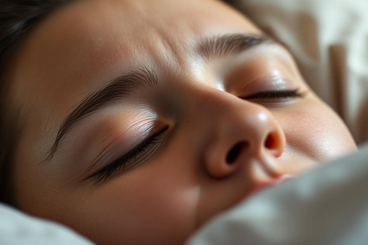 Close-up of closed eyes resting on a pillow