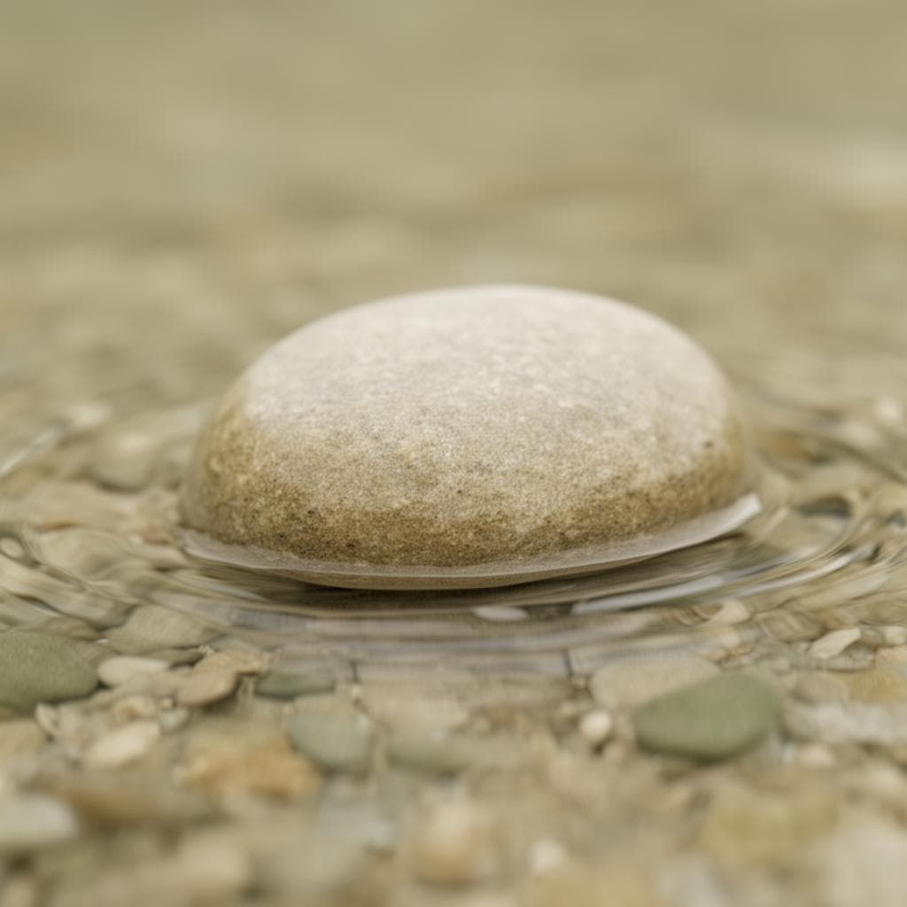A smooth river stone resting on soft sand in warm golden light — evoking groundedness and safety