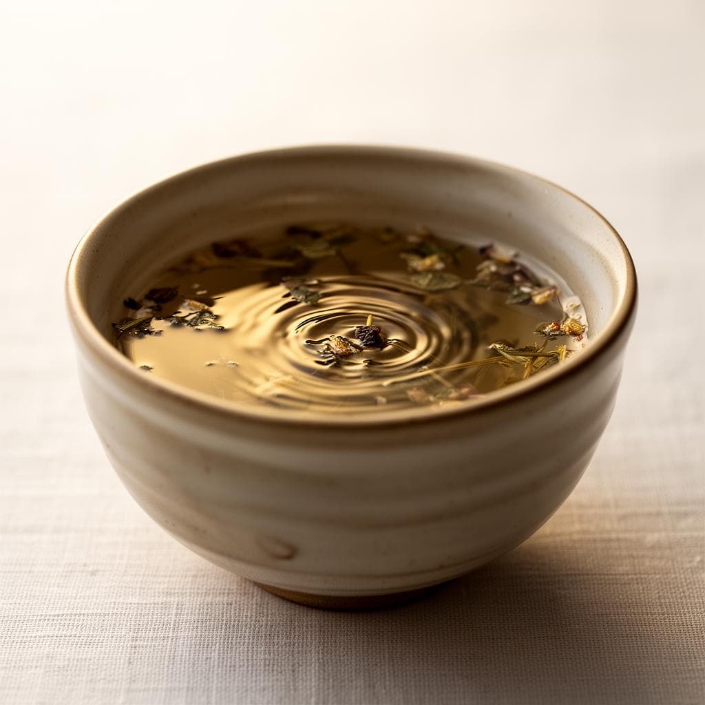 Herbal infusion with gentle ripples in a handmade ceramic bowl on linen