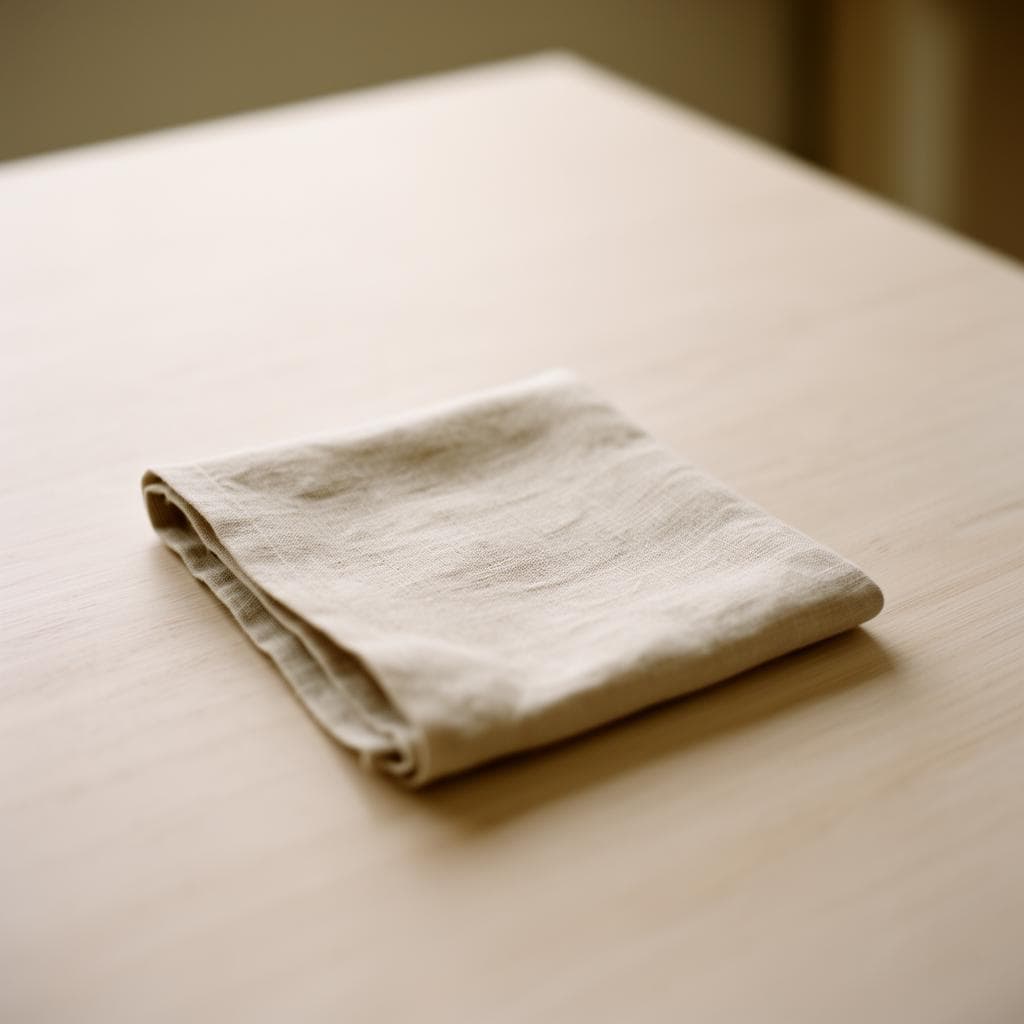 Folded linen napkin on a pale wooden table with soft natural light