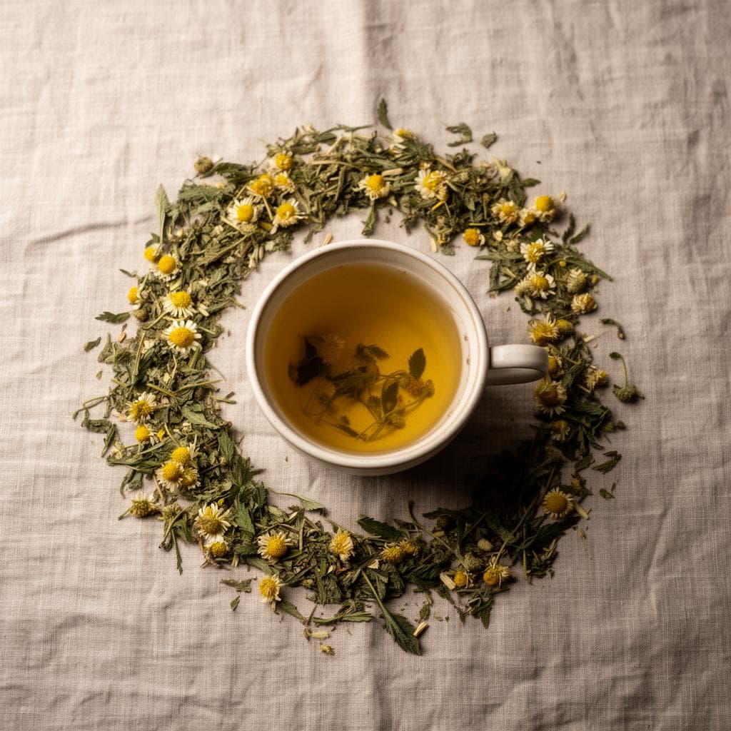 Ceramic cup of golden herbal infusion surrounded by dried nettle and chamomile on linen