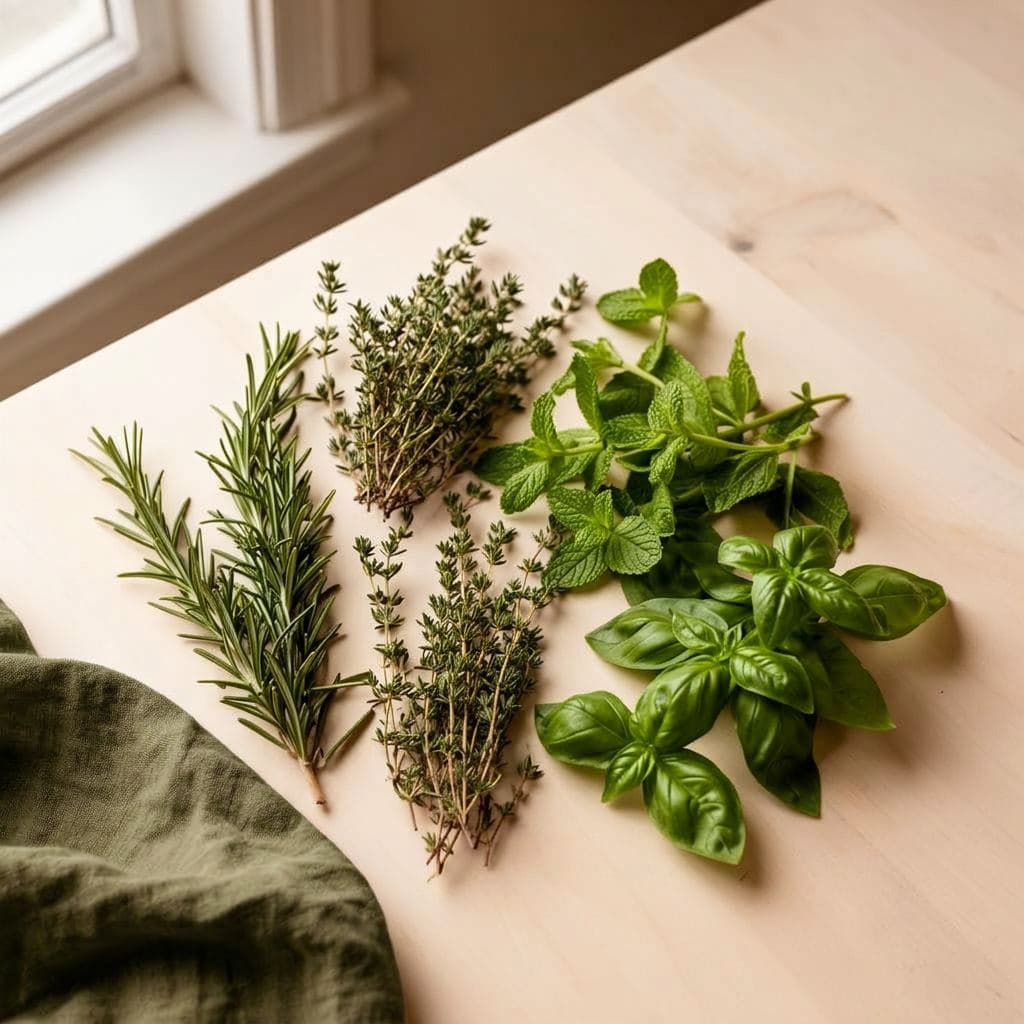 Fresh herbs and wildflowers on a rustic table