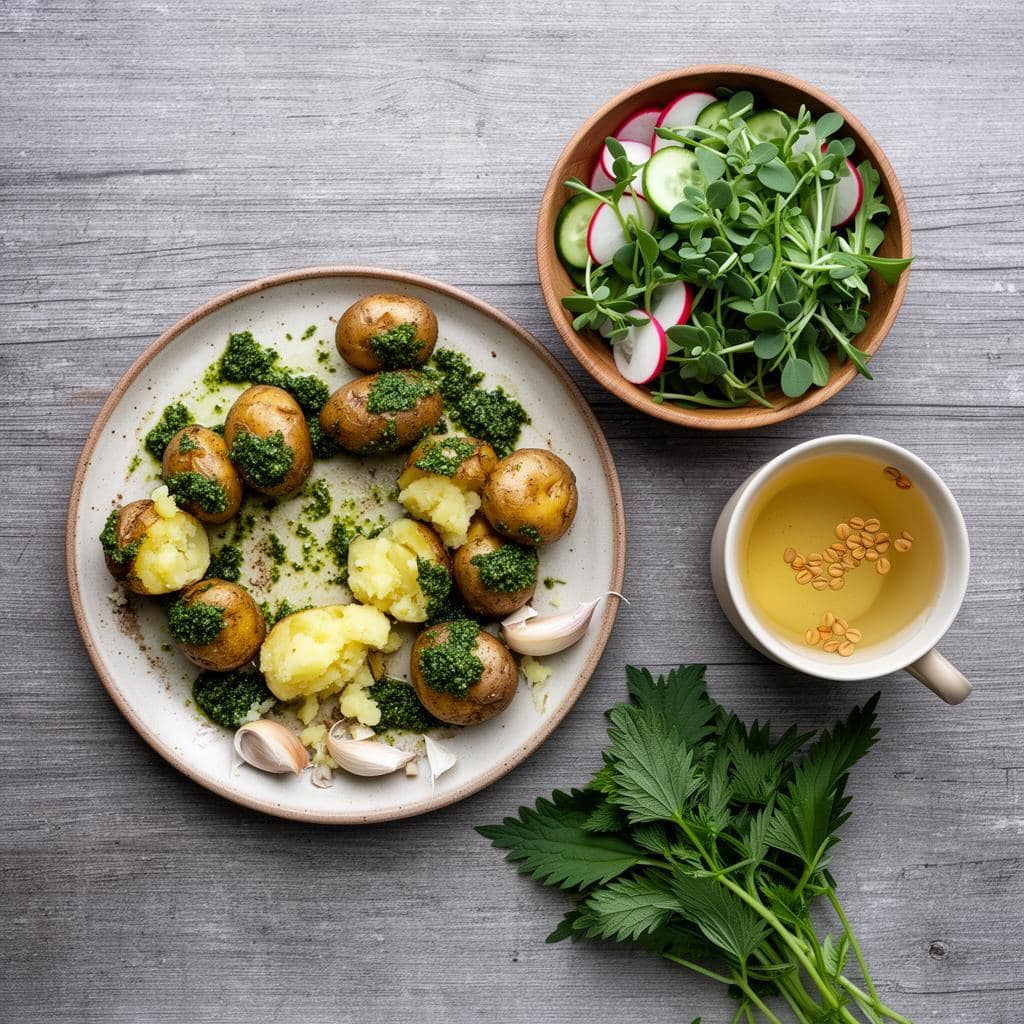 Fenugreek seeds in a ceramic bowl, fresh nettle leaves, and purslane sprigs on a weathered wooden table with burgundy linen