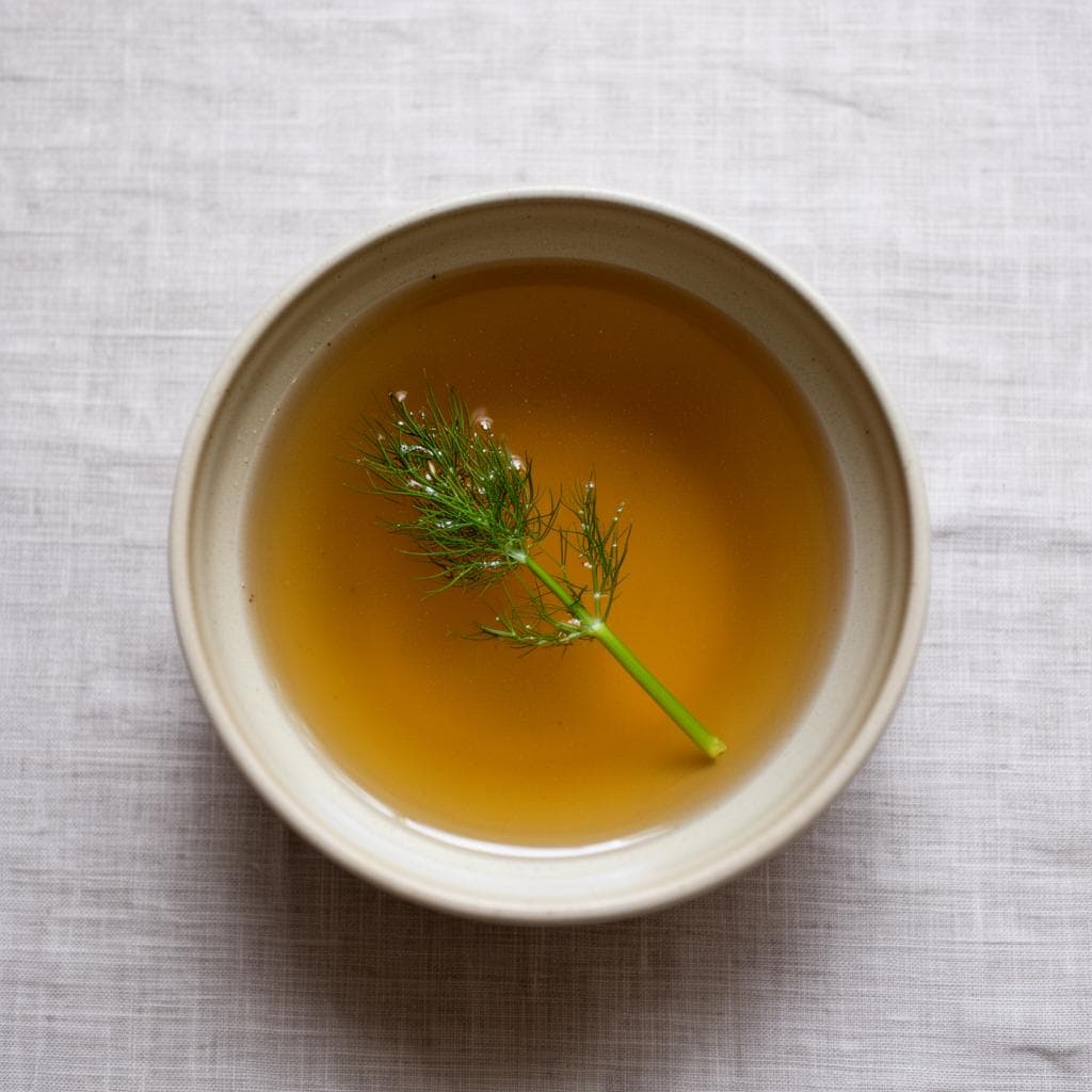 Overhead view of warm broth with a fennel sprig in a ceramic bowl on linen