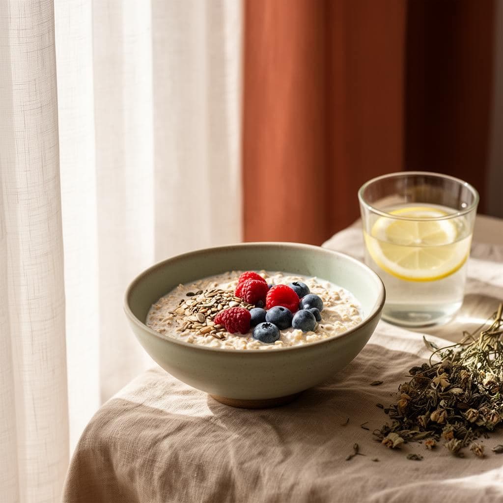Morning light on a ceramic bowl of overnight oats with berries, lemon water and dried herbs on linen