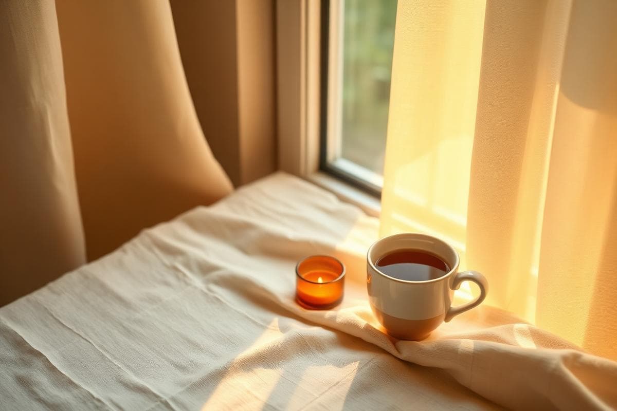 Soft morning sunlight streaming through a window onto a linen surface with herbal tea and candle