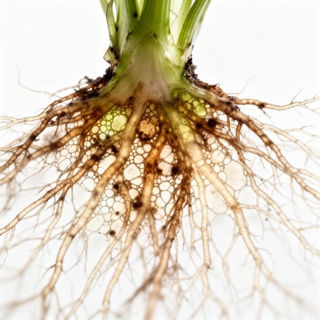 Macro photography of plant root system showing cellular structures and mycorrhizal networks