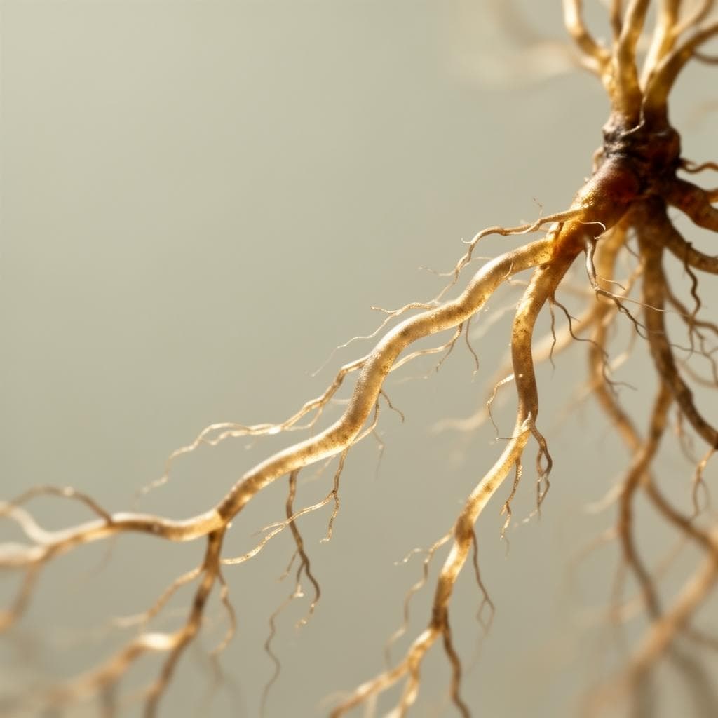 Macro photograph of organic branching root structures resembling neural pathways