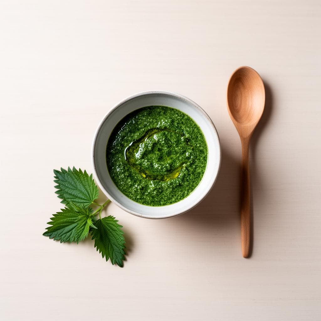 Stone mortar with vibrant green nettle pesto surrounded by fresh nettle leaves, garlic, lemon, and olive oil on a wooden table