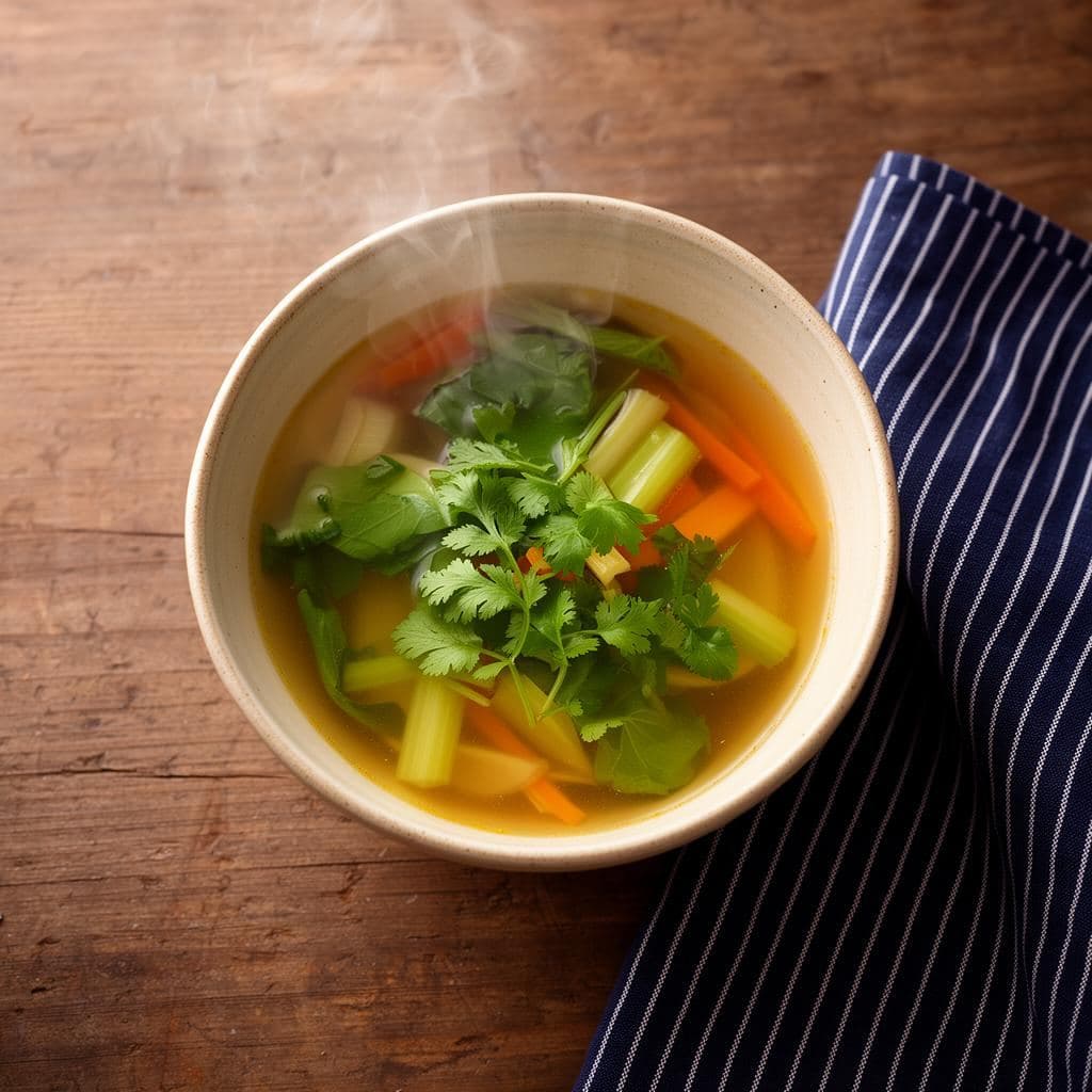 Hands gently holding a warm bowl of golden broth with fresh herbs on a wooden table
