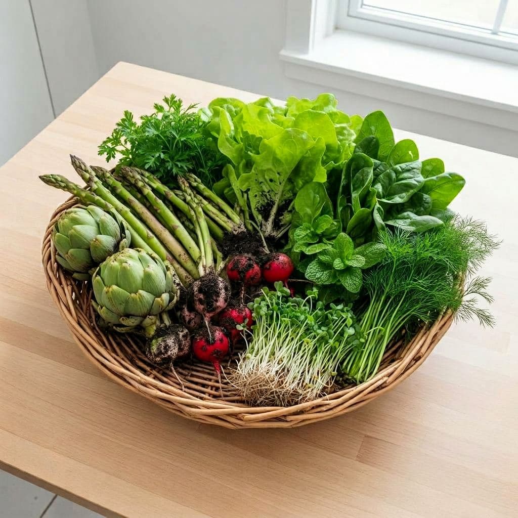 Fresh spring greens, asparagus and herbs in a ceramic bowl