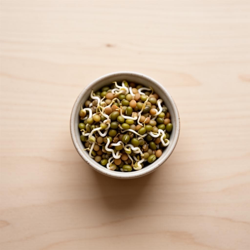 Sprouted grains and legumes in a ceramic bowl