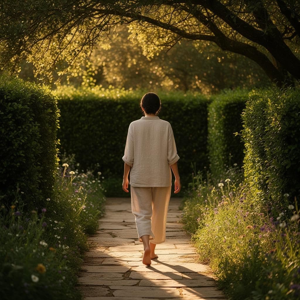 Peaceful nature path with dappled sunlight and wild herbs