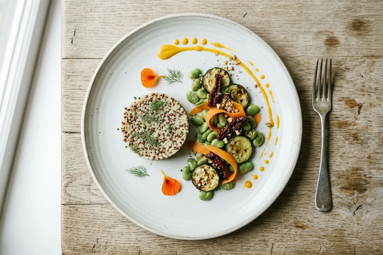 A beautifully plated plant-based meal with roasted carrots, kale, quinoa and edible flowers on a ceramic plate